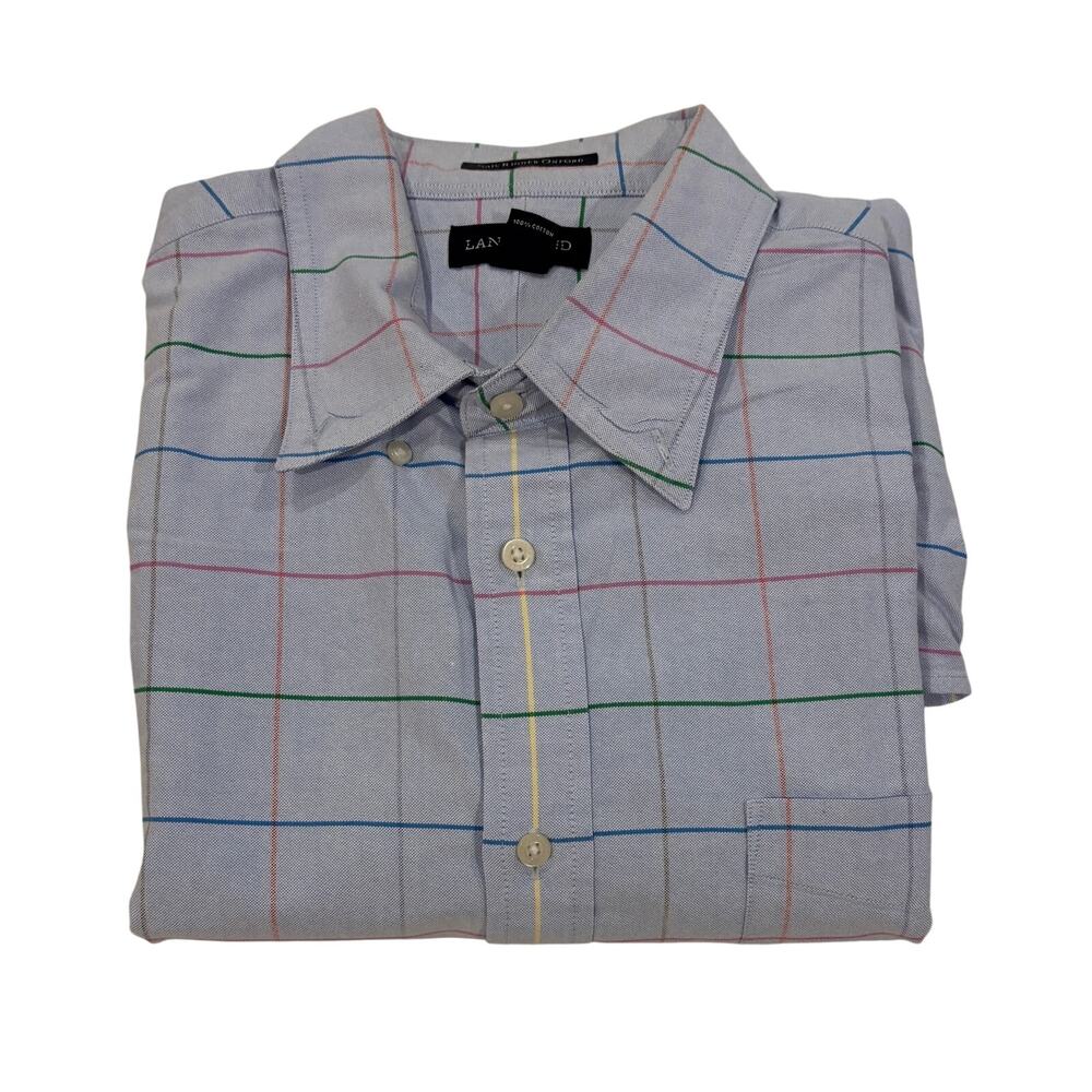 M3-44 LAND'S END Men's 100% Cotton Plaid Collared Button Down Shirt Blue Large